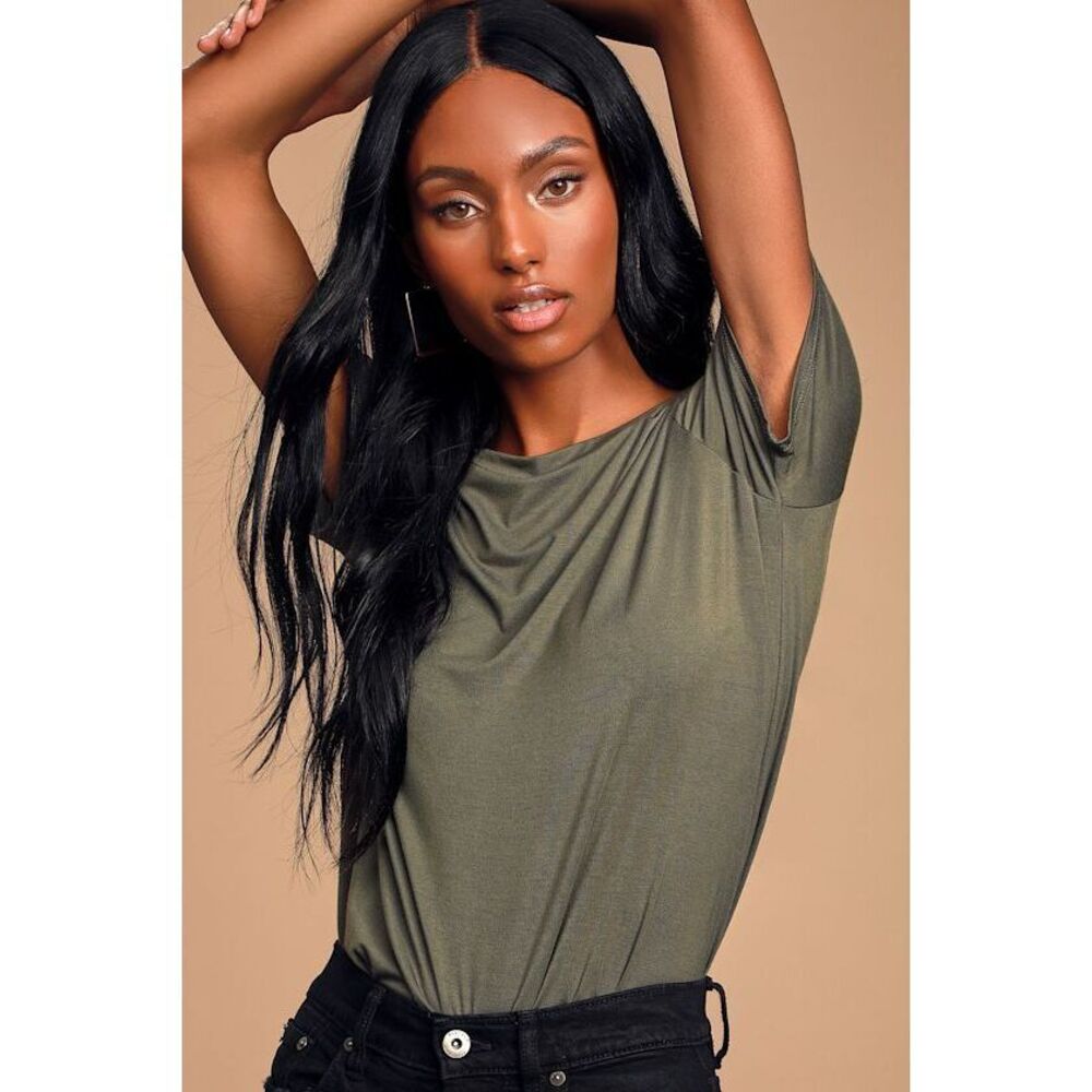Lulus Basics Skyra Olive Green T-shirt Bodysuit - Size M